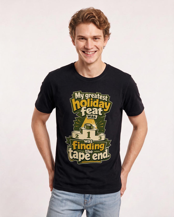 Funny Christmas Men's Black T-Shirt – My greatest holiday feat was finding the tape end. product image 3