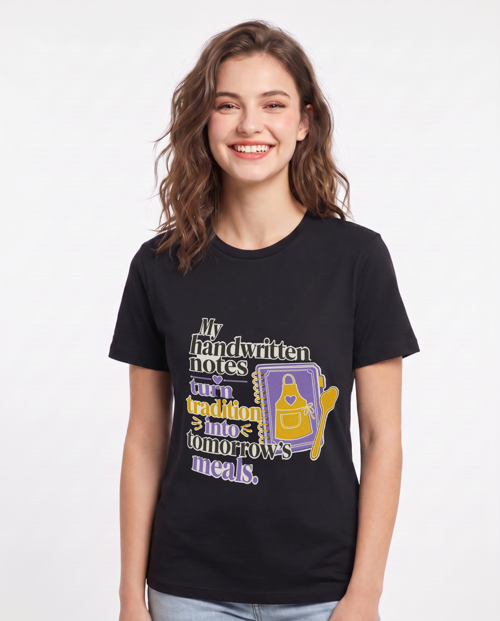 My handwritten notes turn tradition into tomorrow's meals. Women's Black T-Shirt product image 2