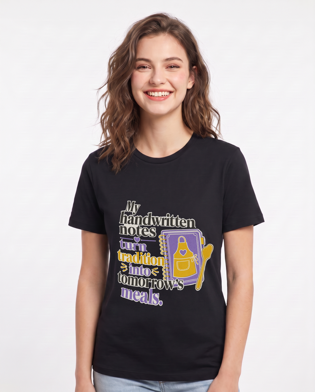 My handwritten notes turn tradition into tomorrow's meals. Women's Black T-Shirt product image 2