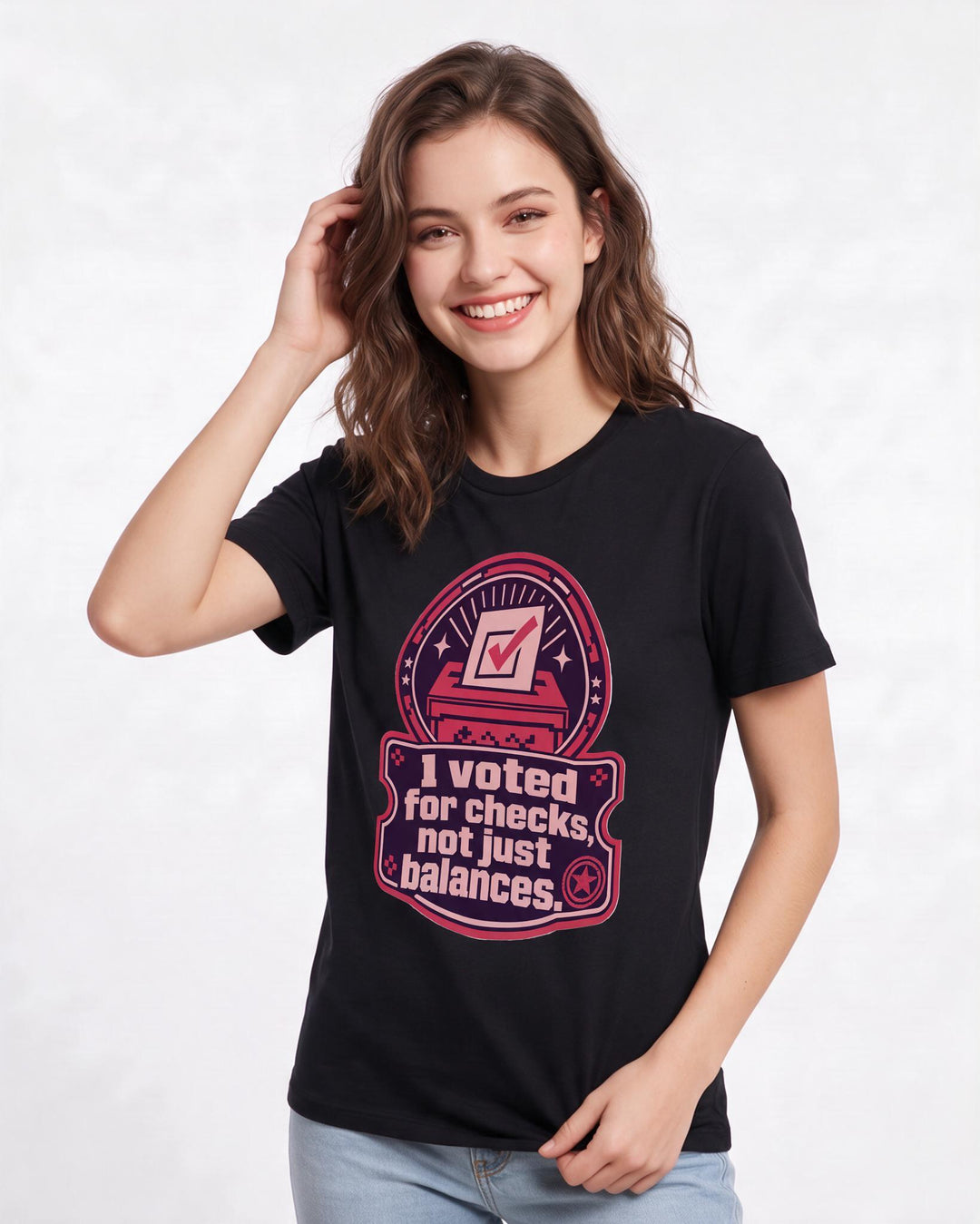 Graphic Women's Black T-Shirt - I voted for checks, not just balances. product image 3