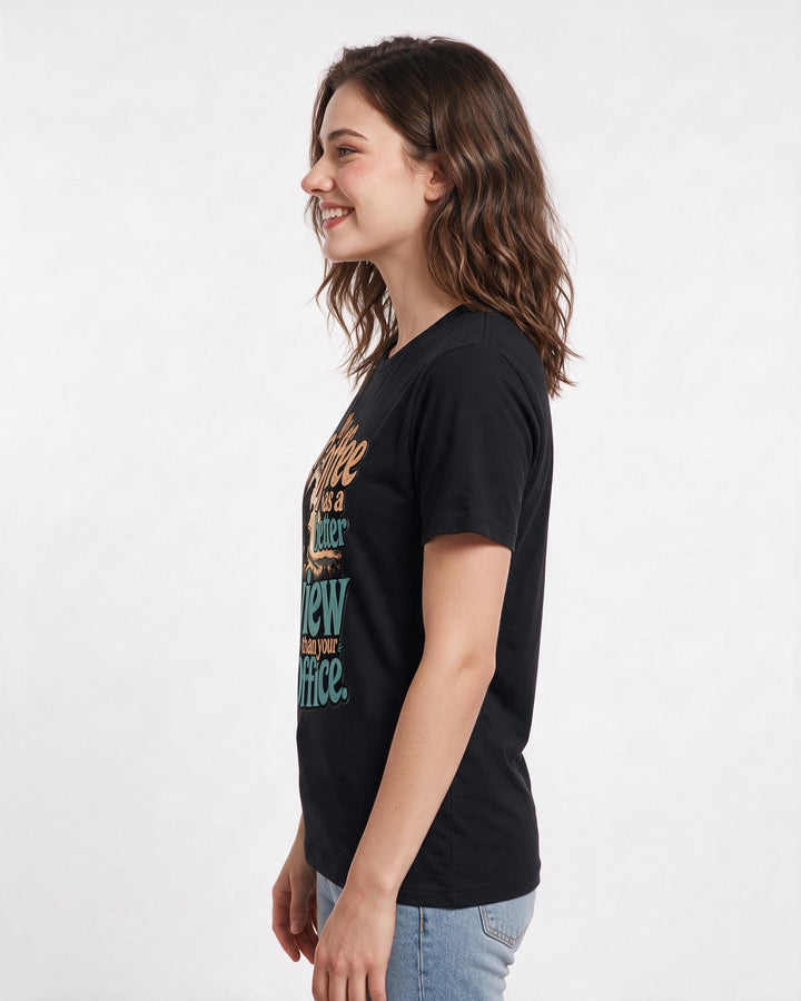 Funny Hunting Women's Black T-Shirt – My coffee has a better view than your office. product image 2