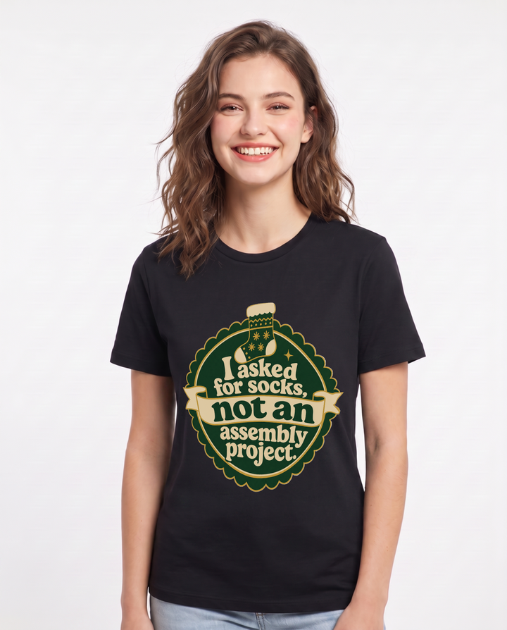 Christmas Women's Black T-Shirt - I asked for socks, not an assembly product image 1