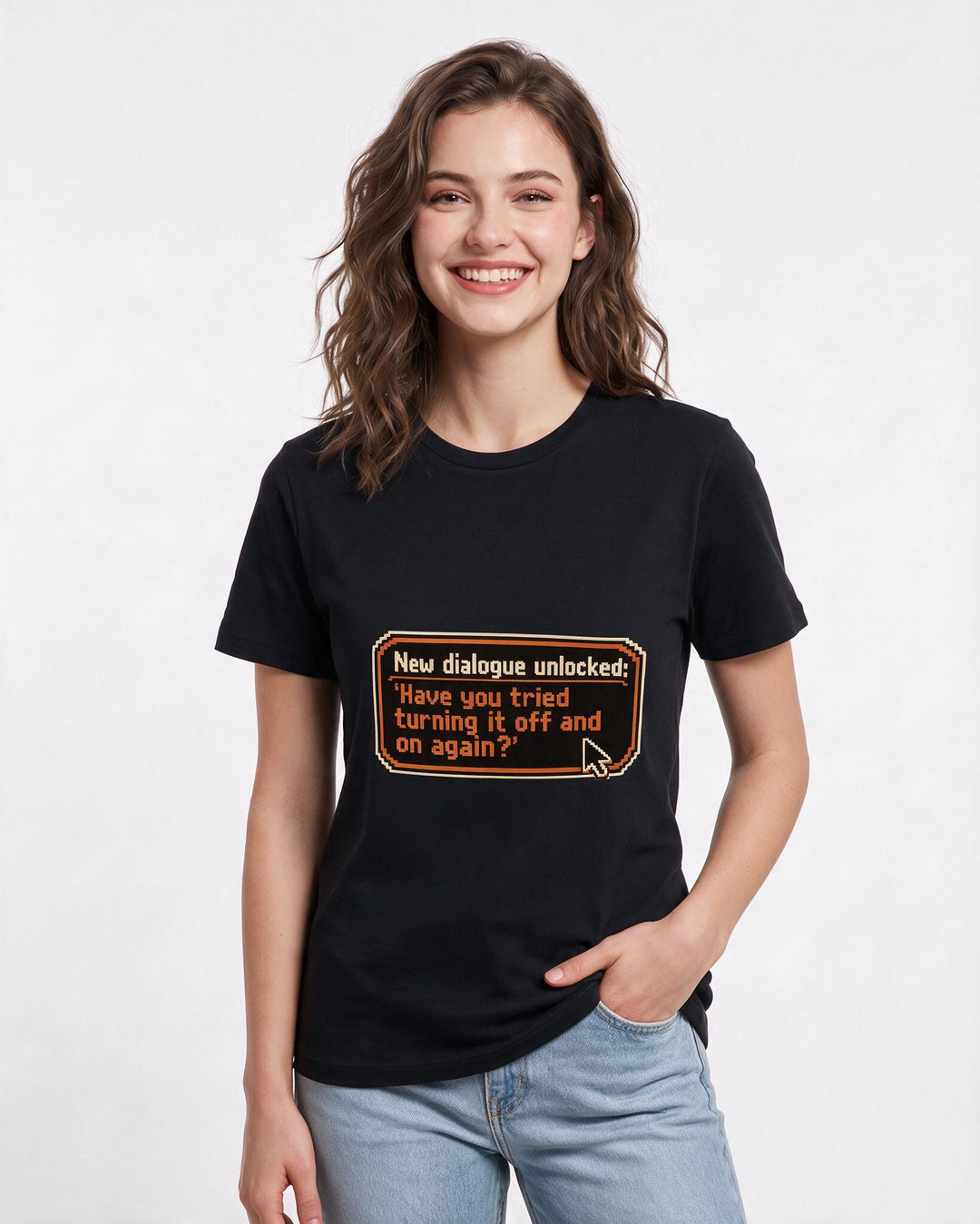 Funny Gaming Women's Black T-Shirt – New dialogue unlocked: 'Have you tried turning it off and on again?' product image 3