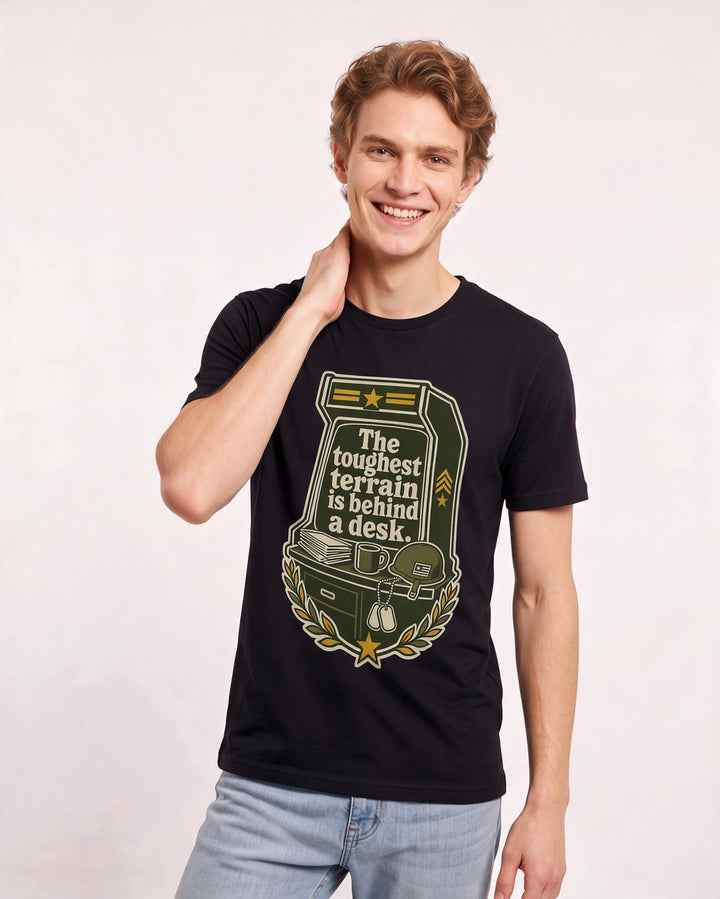 Graphic Men's Black T-Shirt - The toughest terrain is behind a desk. product image 3