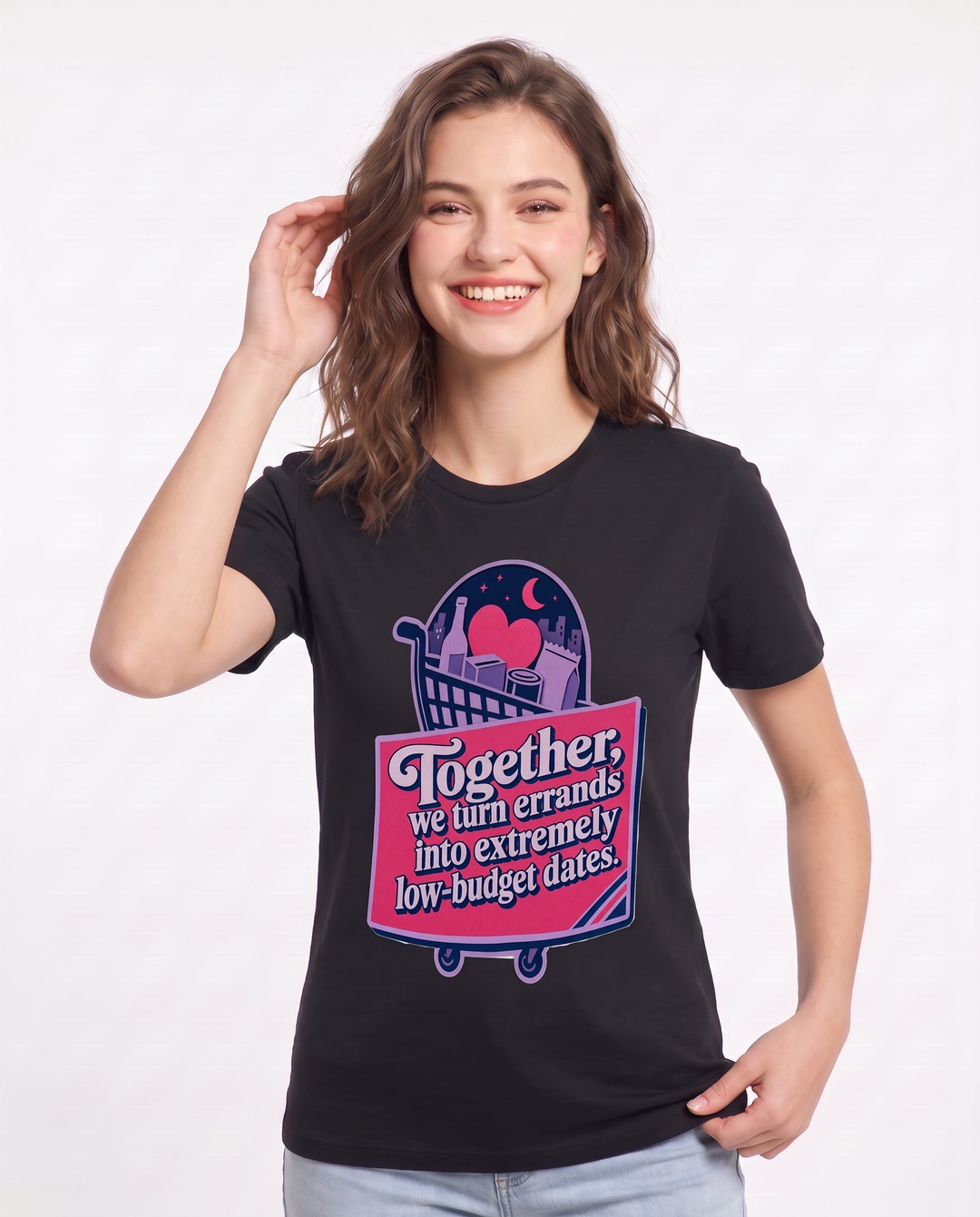 Together, we turn errands into extremely low-budget dates. - Women's Black T-Shirt product image 1