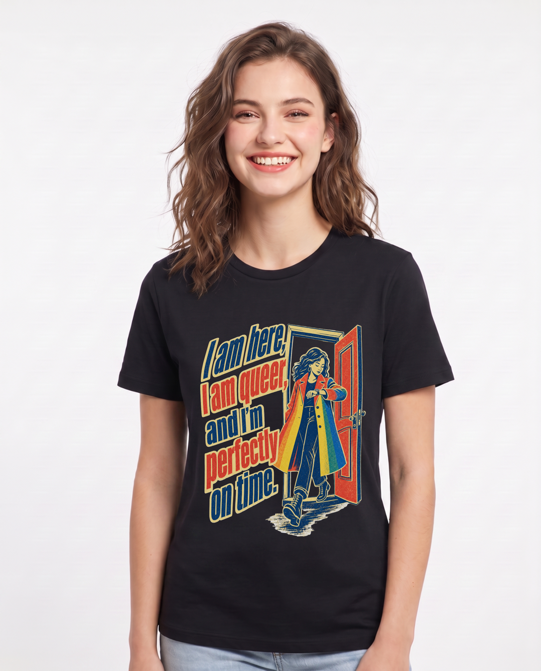 Pride Women's Black T-Shirt – I am here, I am queer, and I'm perfectly on time. product image 1