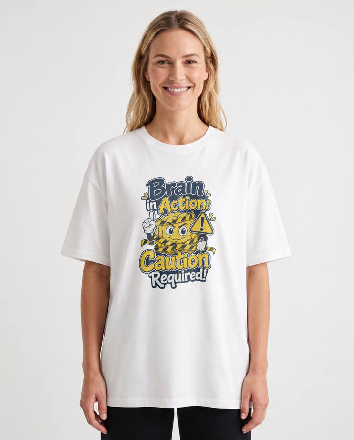 Brain In Action: Caution Required! White T-Shirt mockup 2