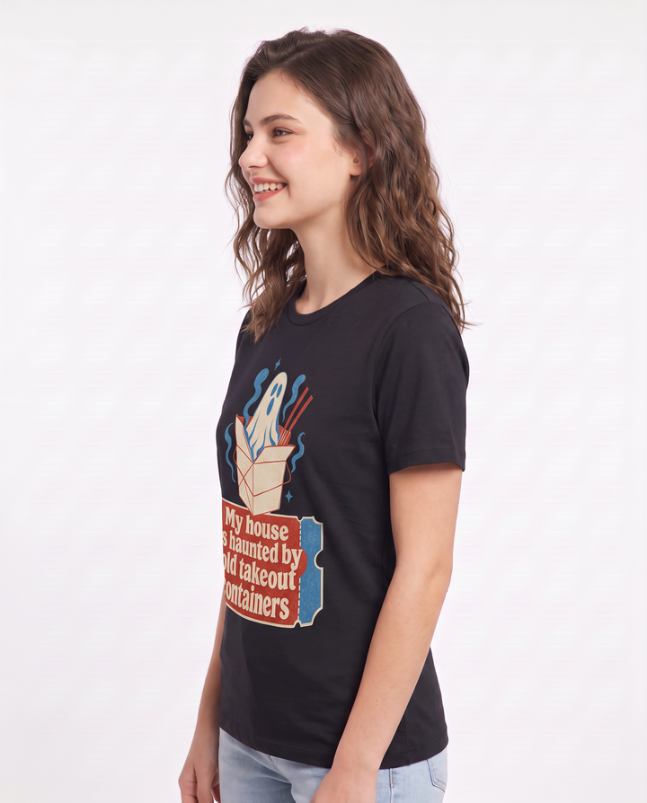 Halloween Women's Black T-Shirt - My house is haunted by old takeout product image 2