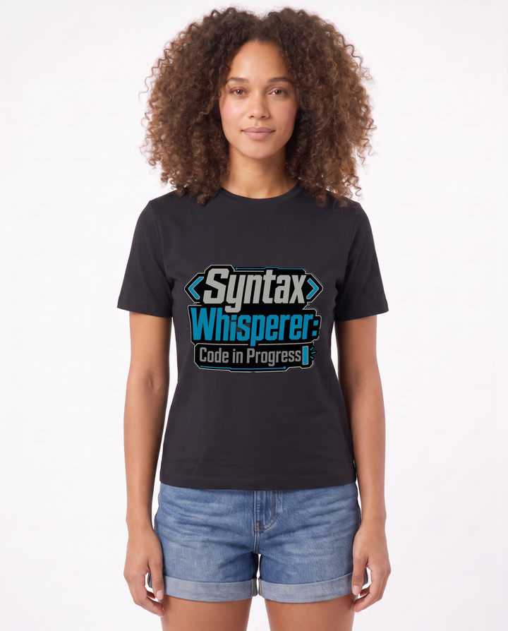 Syntax Whisperer: Code In Progress Black T-Shirt mockup 1