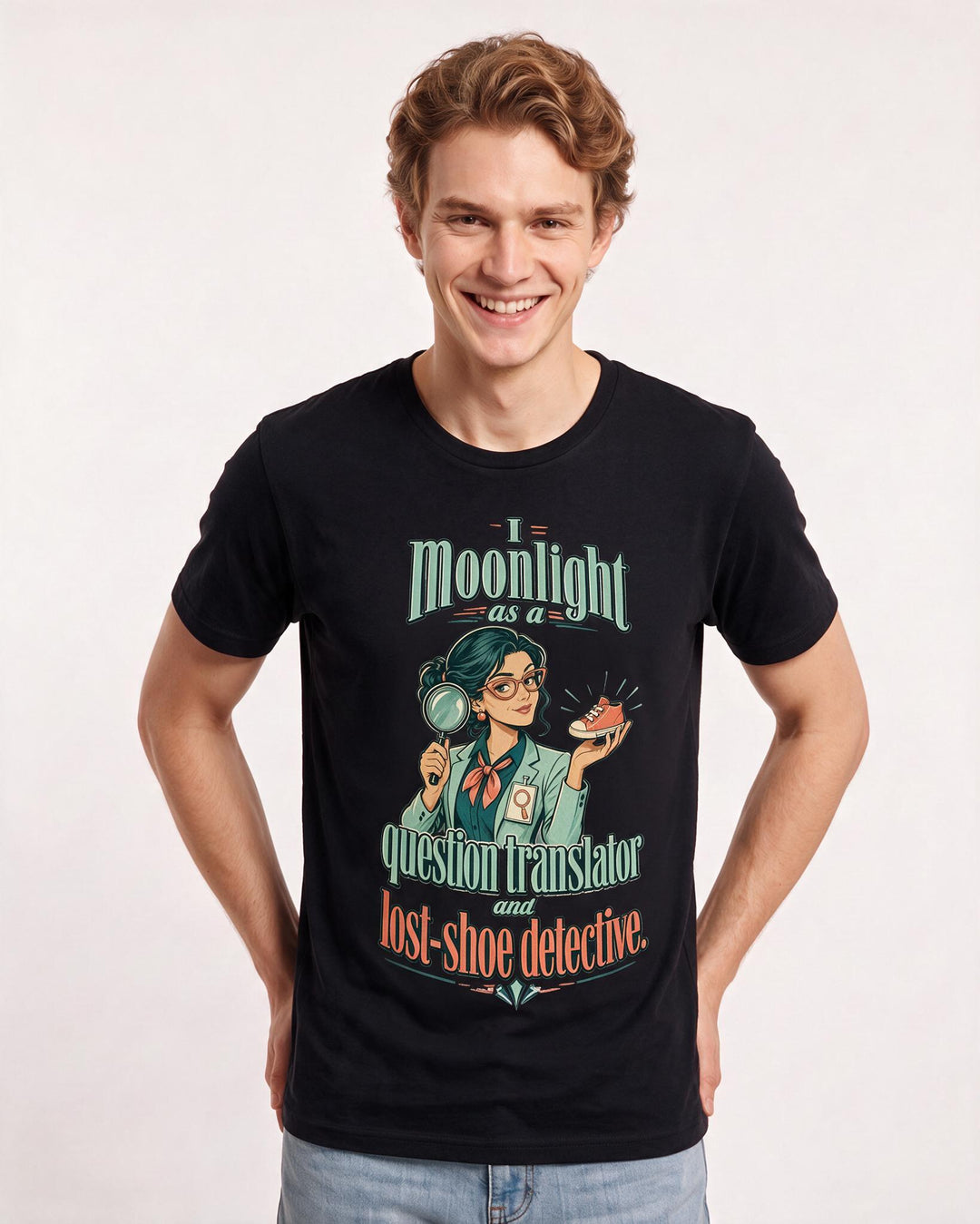 Teacher Men's Black T-Shirt – I moonlight as a question translator and lost-shoe detective. product image 3