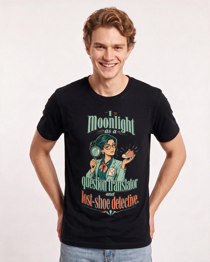 Teacher Men's Black T-Shirt – I moonlight as a question translator and lost-shoe detective. product image 3