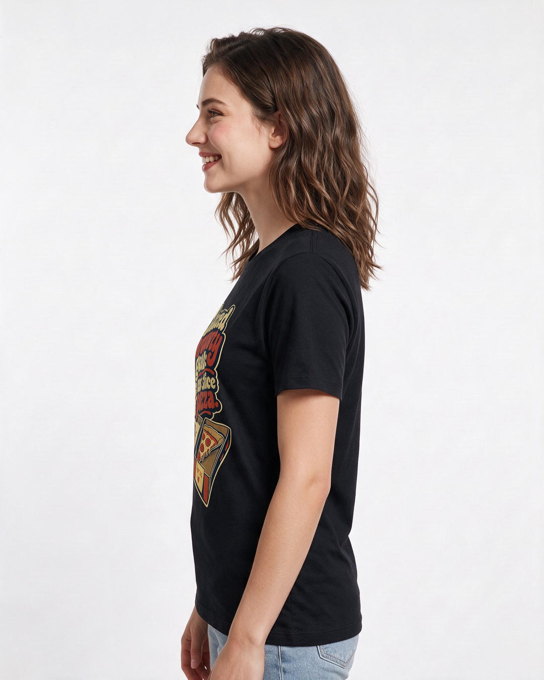 Couples Women's Black T-Shirt – Shared property goals: the last slice of pizza. product image 2