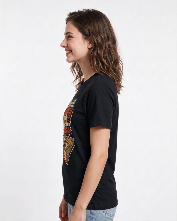 Couples Women's Black T-Shirt – Shared property goals: the last slice of pizza. product image 2