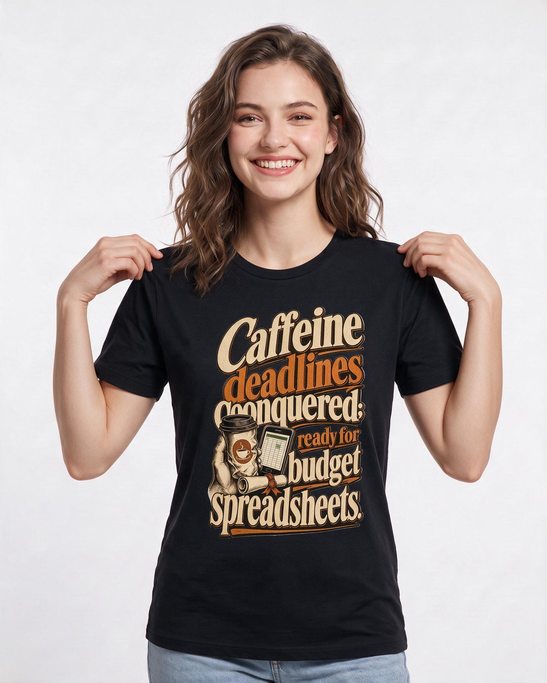 Graduation Women's Black T-Shirt – Caffeine deadlines conquered; ready for budget spreadsheets. product image 3