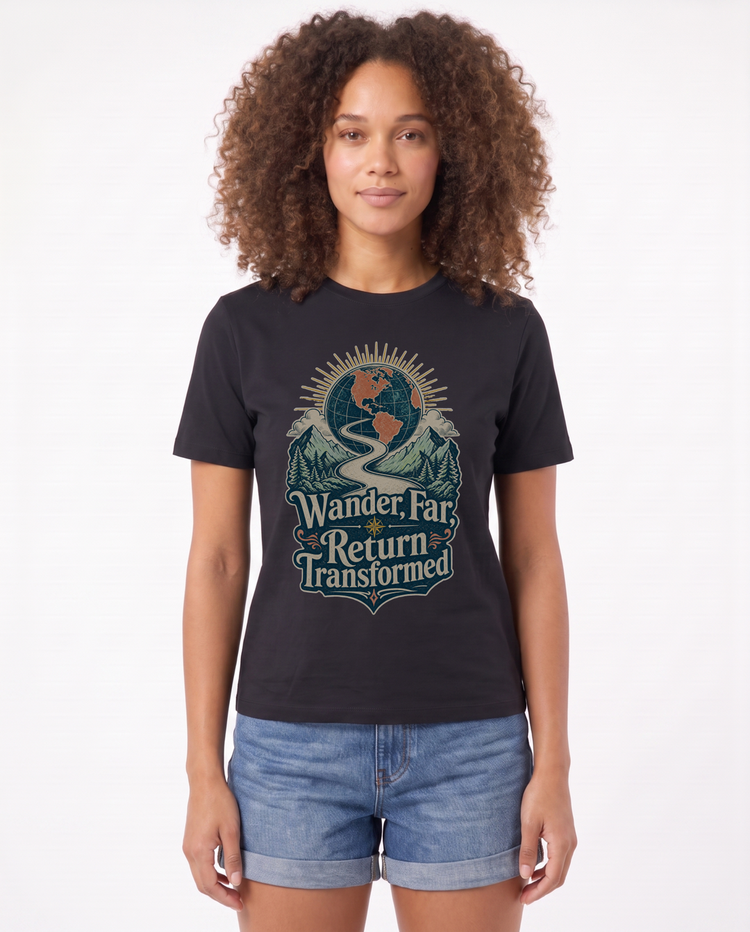 Wander Far, Return Transformed Black T-Shirt mockup 1