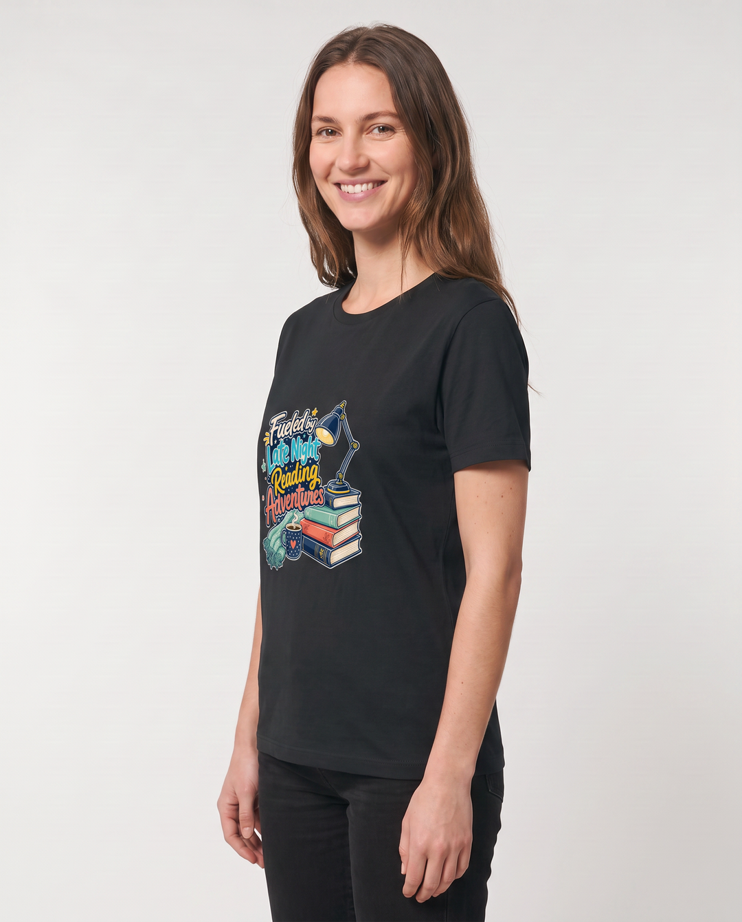 Fueled By Late Night Reading Adventures Black T-Shirt mockup 2