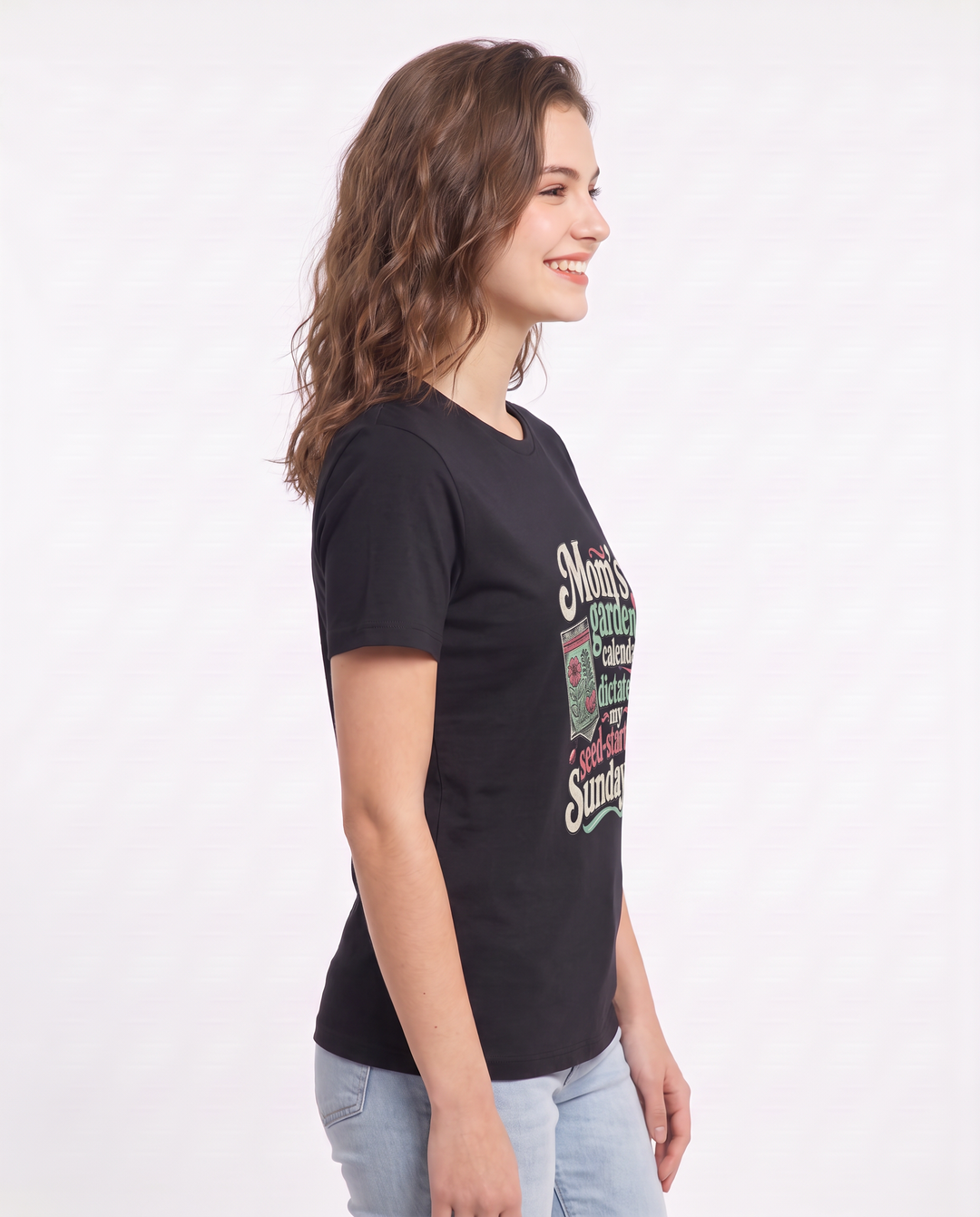 Mom's garden calendar dictates my seed-starting Sundays. Women's Black T-Shirt product image 3