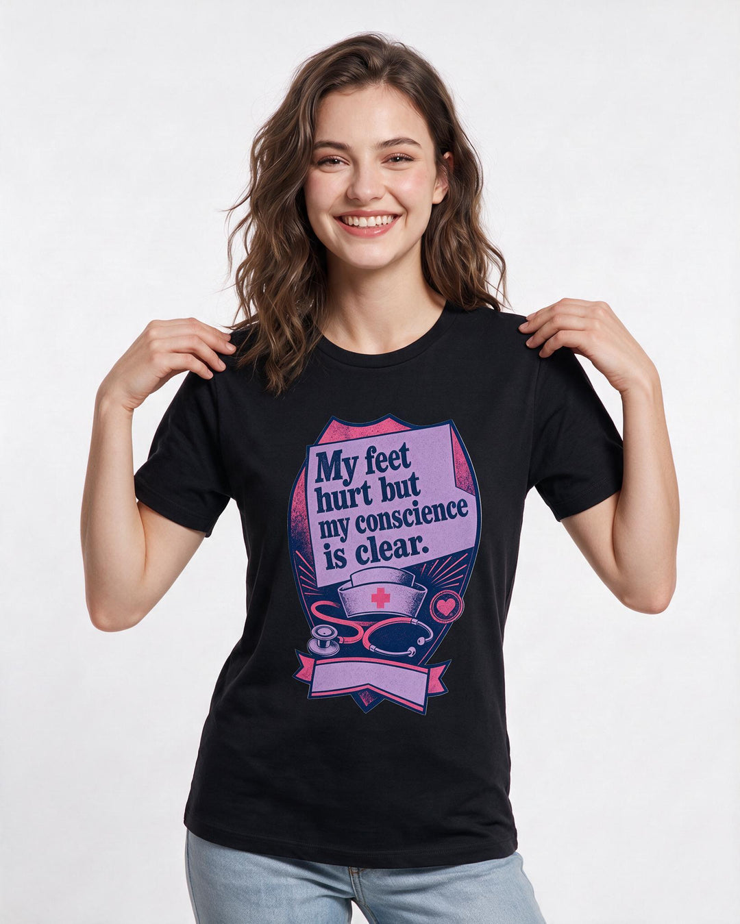 Nurse Gift Women's Black T-Shirt - My feet hurt but my conscience is product image 3