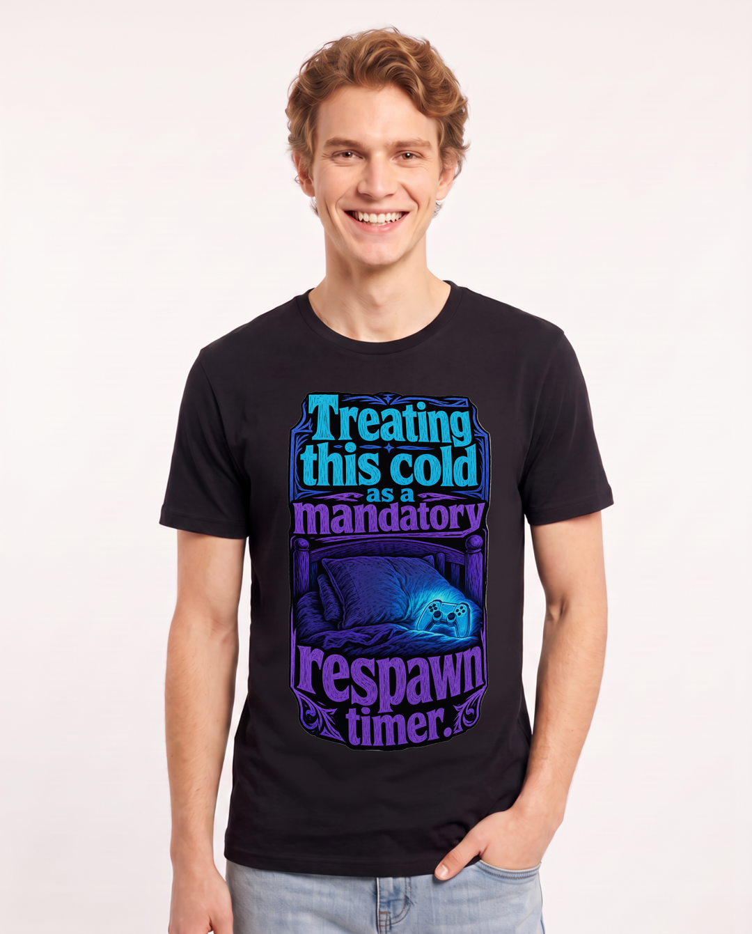 Funny Gaming Men's Black T-Shirt – Treating this cold as a mandatory respawn timer. product image 1
