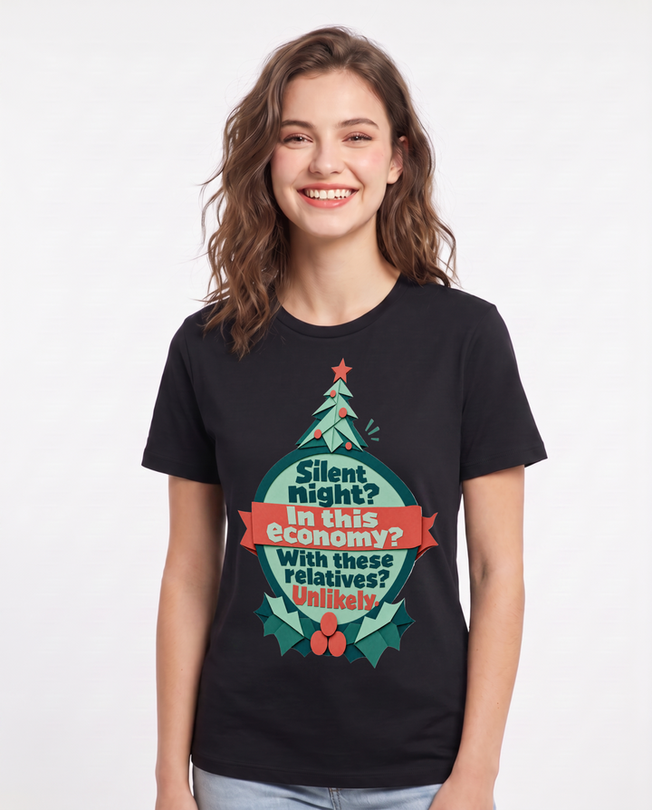 Christmas Women's Black T-Shirt - Silent night? In this economy? With product image 1