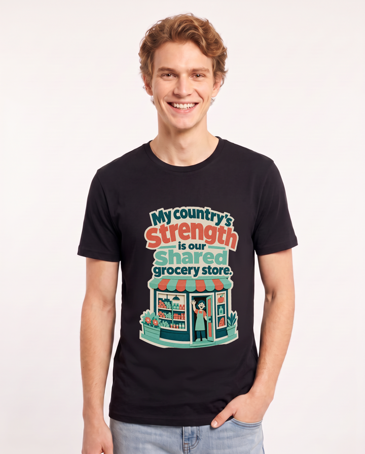 Patriotic Men's Black T-Shirt – My country's strength is our shared grocery store. product image 1