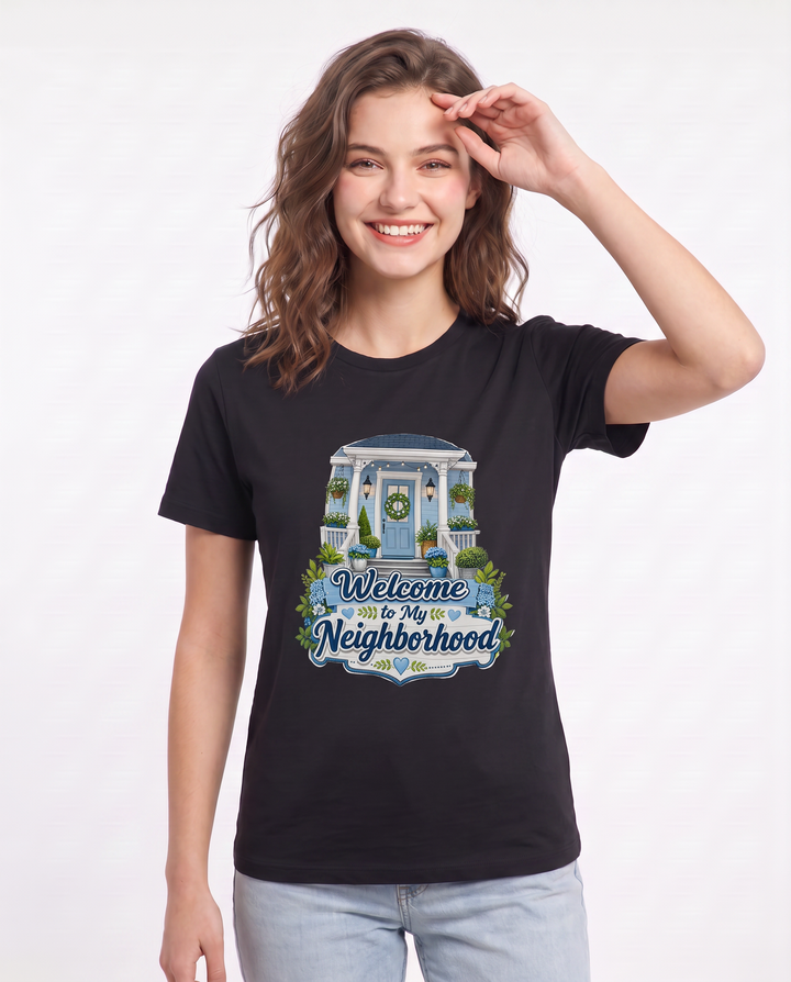 Welcome to My Neighborhood Women's Black T-Shirt product image 1