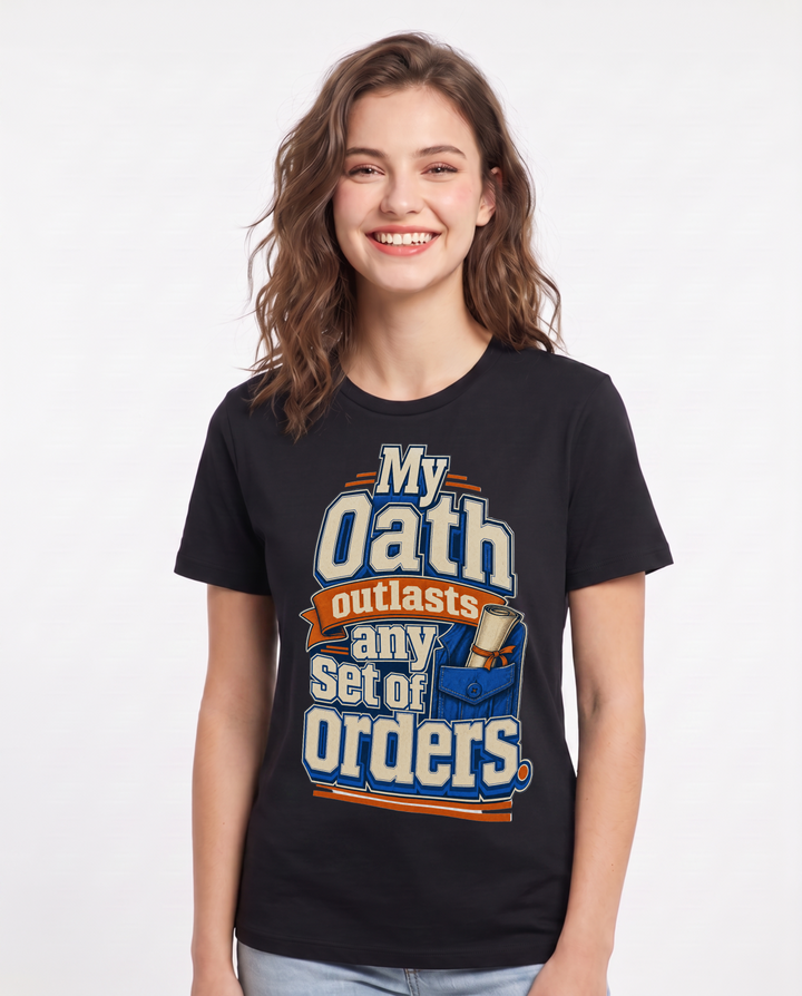 Veteran Women's Black T-Shirt – My oath outlasts any set of orders. product image 1