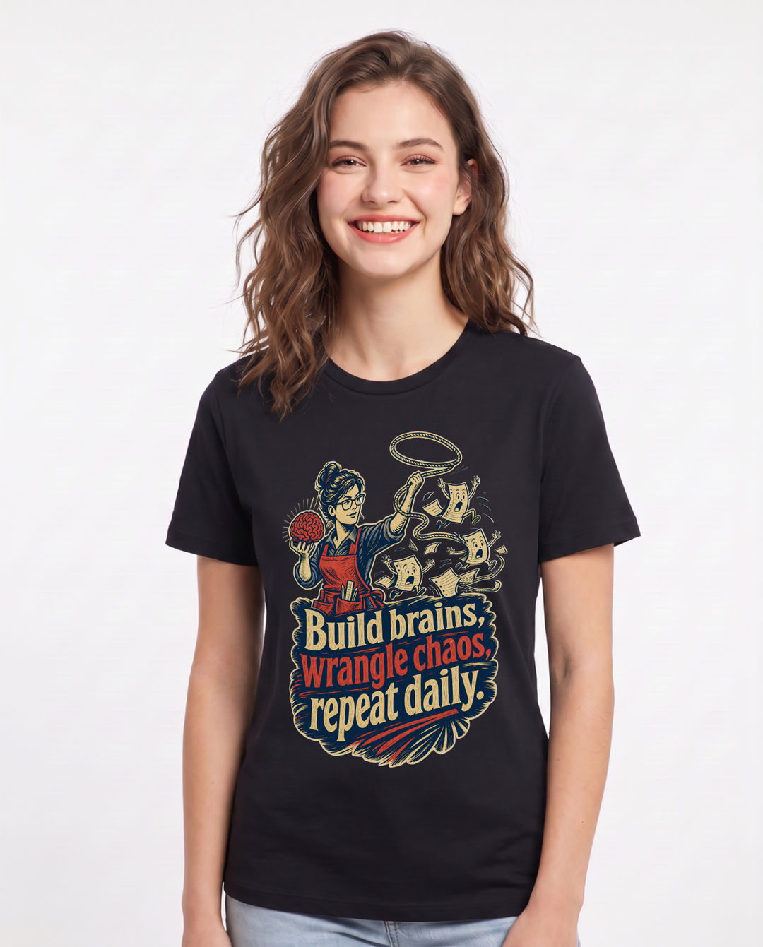 Teacher Women's Black T-Shirt – Build brains, wrangle chaos, repeat daily. product image 1