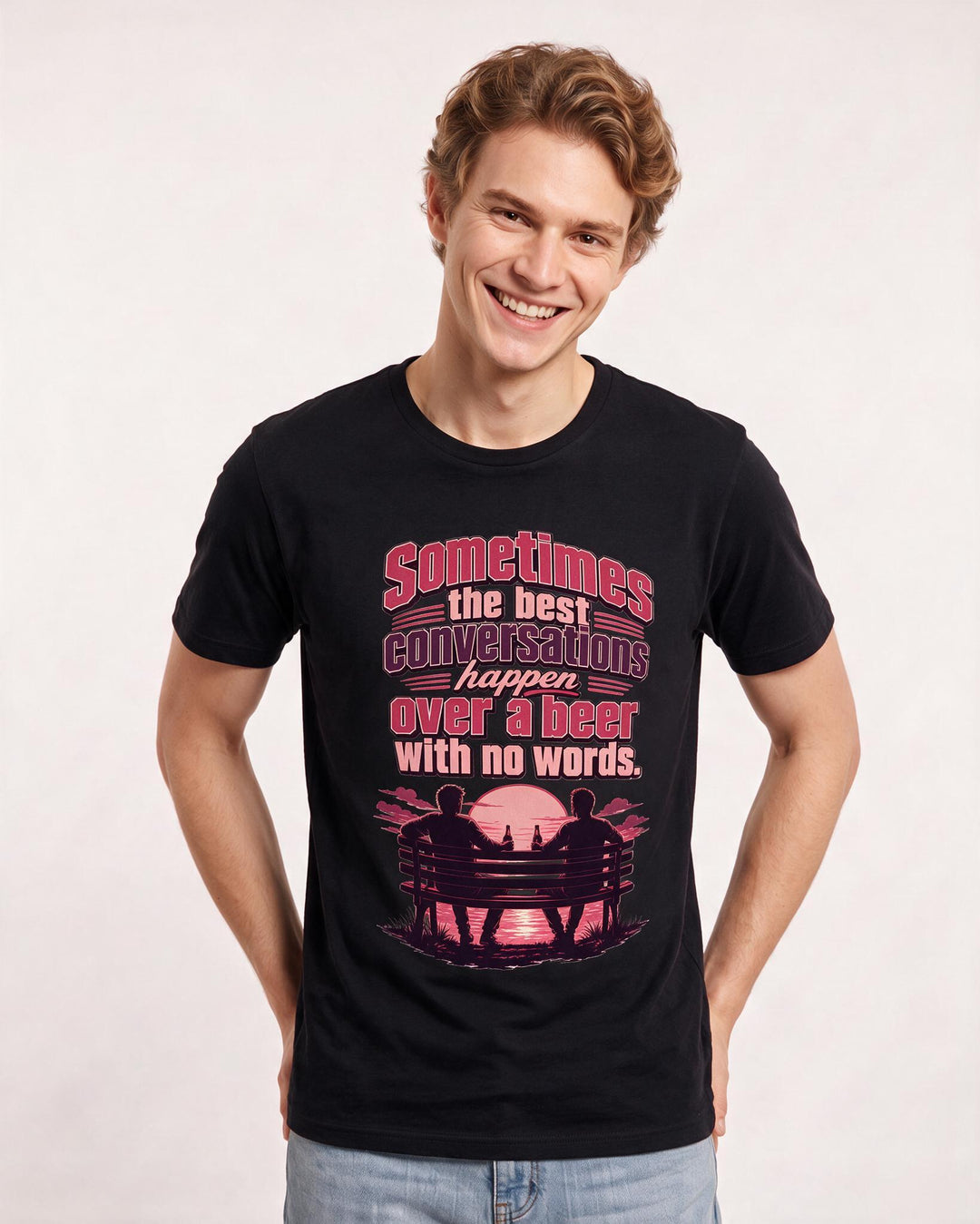 Beer Men's Black T-Shirt – Sometimes the best conversations happen over a beer with no words. product image 3