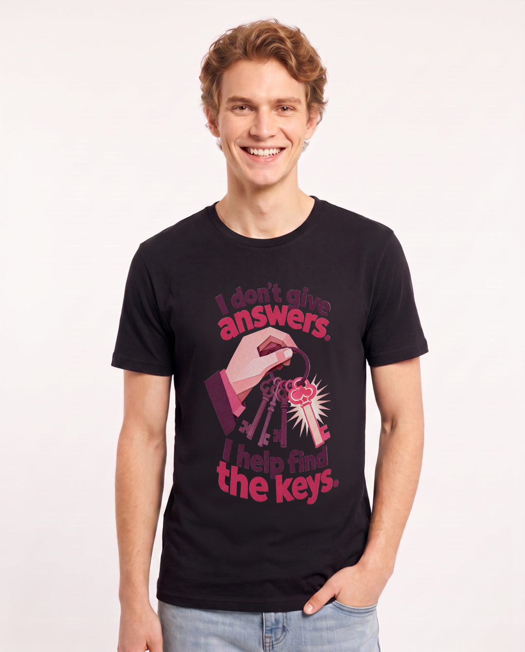 Teacher Men's Black T-Shirt – I don't give answers. I help find the keys. product image 1