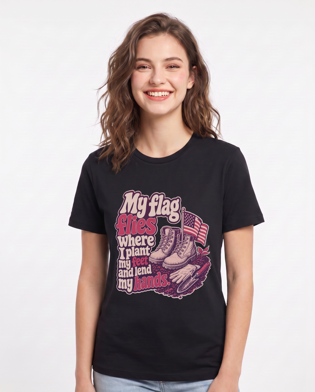 Patriotic Women's Black T-Shirt – My flag flies where I plant my feet and lend my hands. product image 1