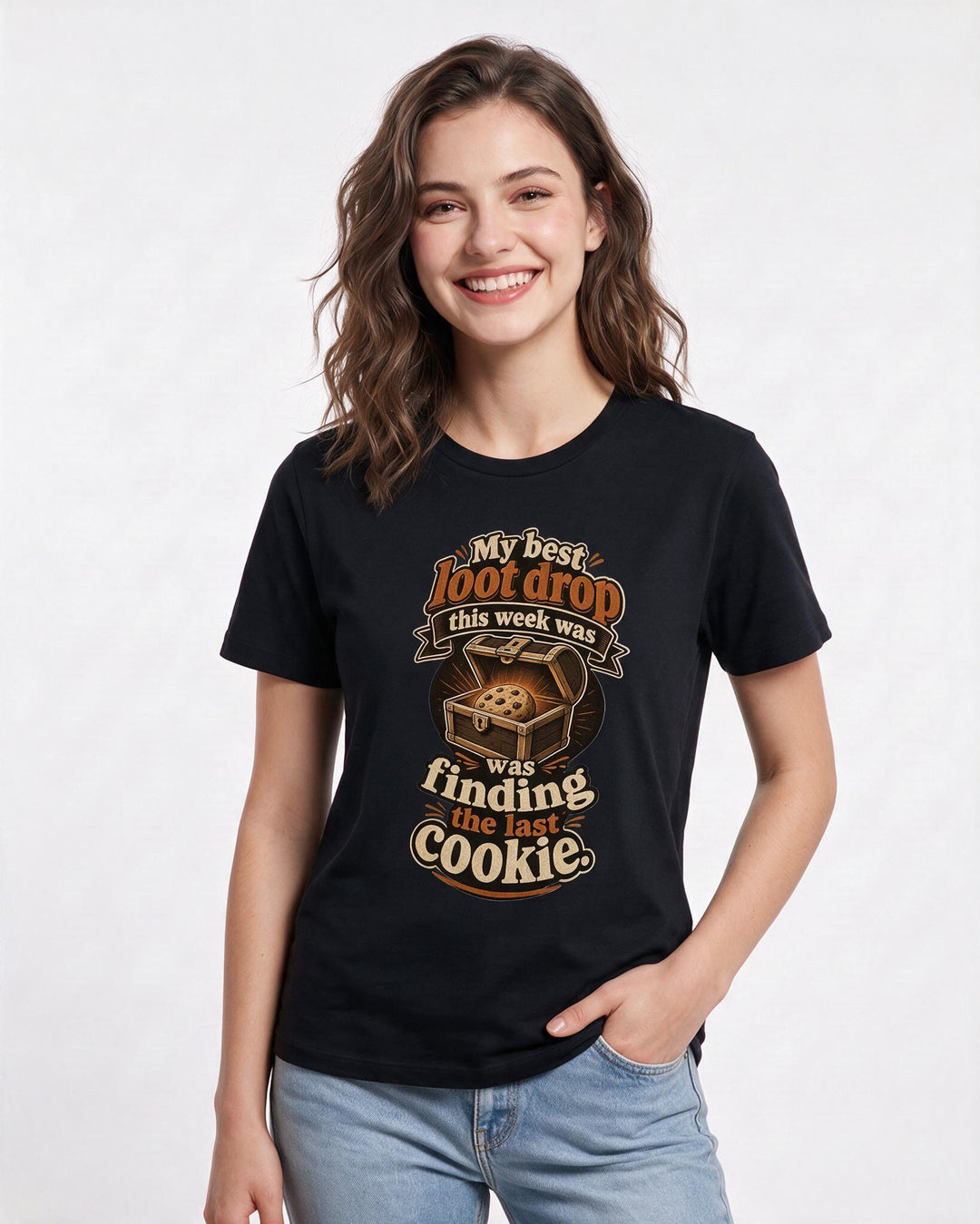 Gaming Women's Black T-Shirt – My best loot drop this week was finding the last cookie product image 3