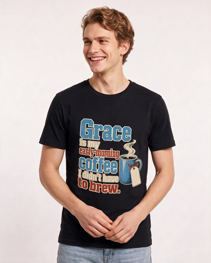 Christian Faith Men's Black T-Shirt – Grace is my early-morning coffee I didn't have to brew. product image 3