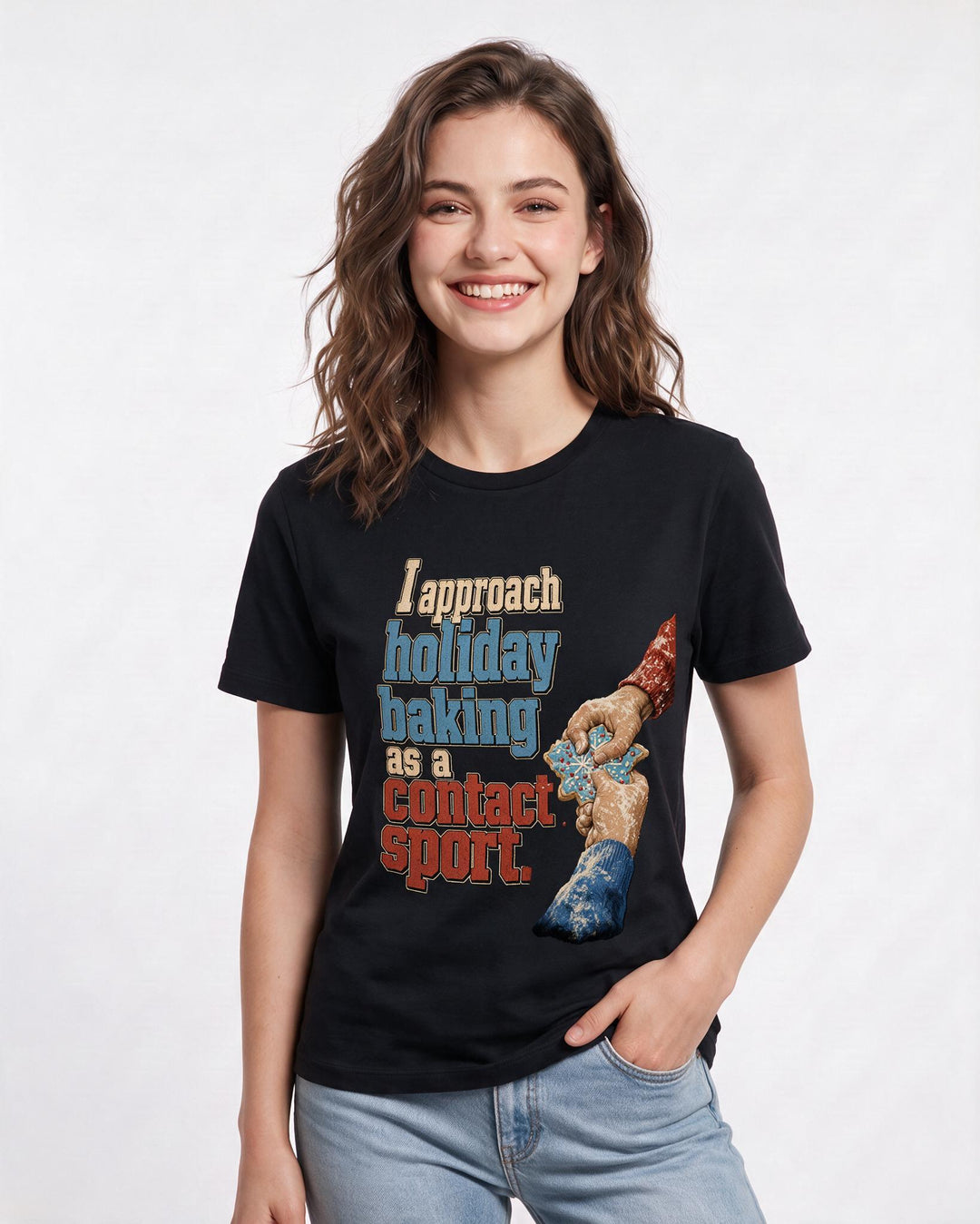 Christmas Women's Black T-Shirt – I approach holiday baking as a contact sport. product image 3