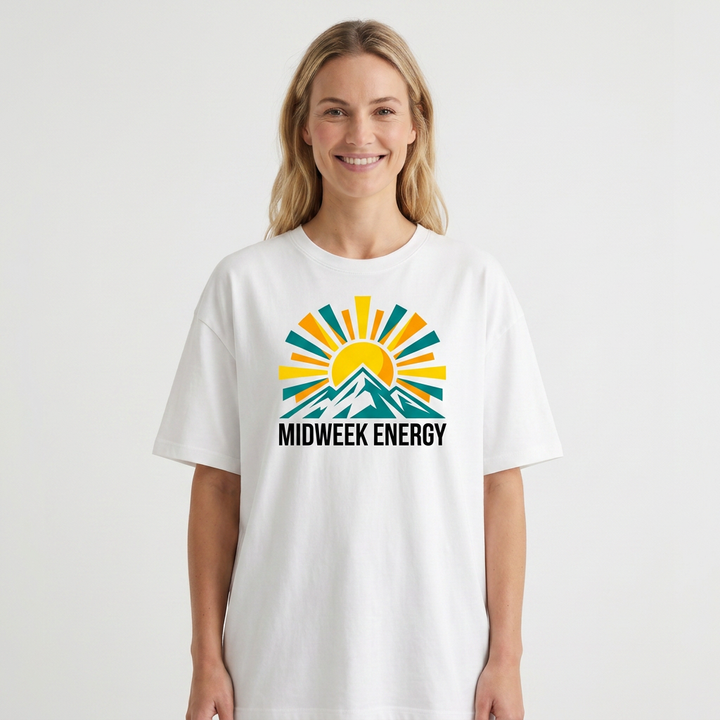 Bold Rising Sun Over Stylized Mountain White T-Shirt mockup 1