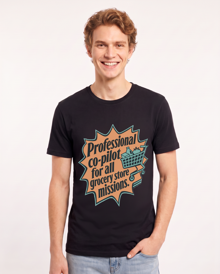 Couples Men's Black T-Shirt - Professional co-pilot for all grocery product image 1