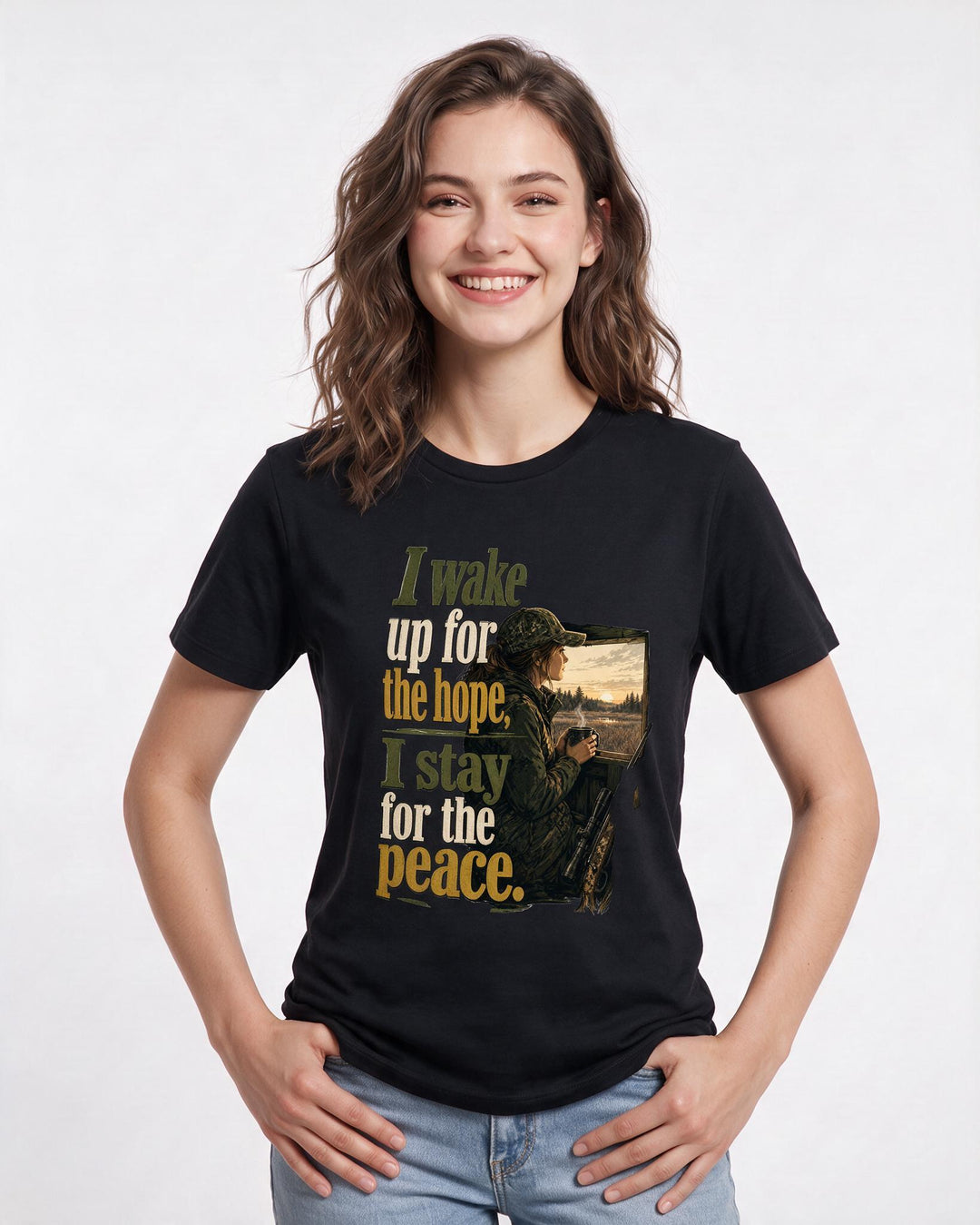 Hunting Women's Black T-Shirt – I wake up for the hope, I stay for the peace. product image 3