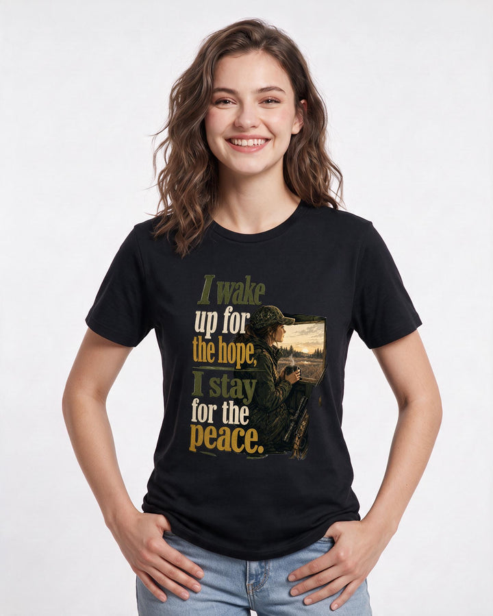 Hunting Women's Black T-Shirt – I wake up for the hope, I stay for the peace. product image 3