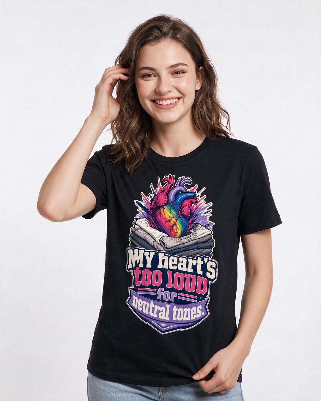 Pride Women's Black T-Shirt – My heart's too loud for neutral tones. product image 3