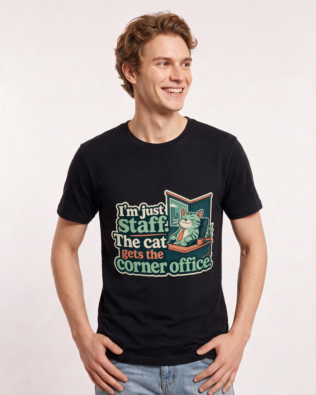 Funny Cat Lover Men's Black T-Shirt – I'm just staff. The cat gets the corner product image 3