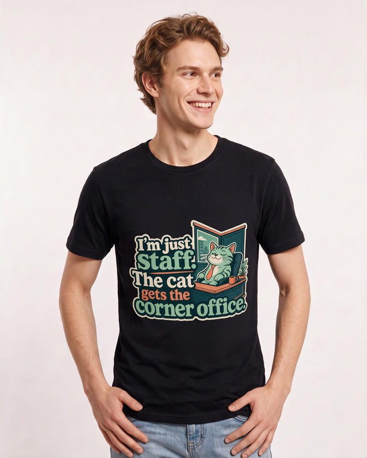 Funny Cat Lover Men's Black T-Shirt – I'm just staff. The cat gets the corner product image 3
