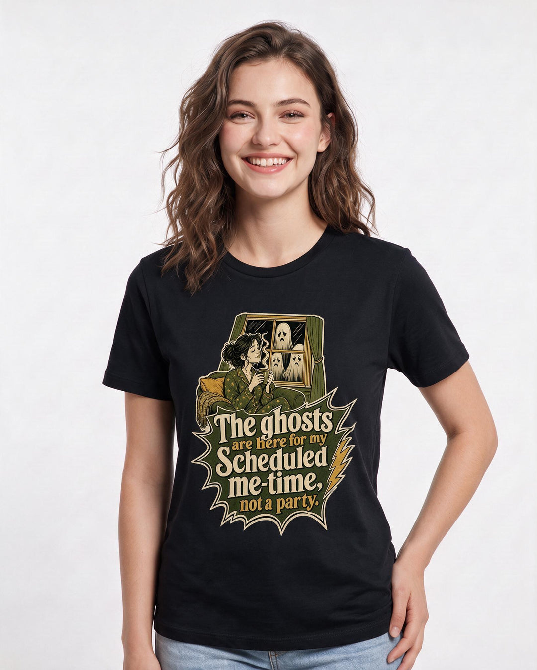 Halloween Women's Black T-Shirt – The ghosts are here for my scheduled me-time, not a party. product image 3
