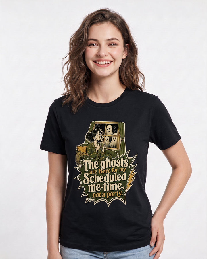 Halloween Women's Black T-Shirt – The ghosts are here for my scheduled me-time, not a party. product image 3