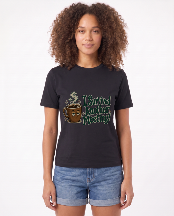 I Survived Another Meeting! Black T-Shirt mockup 1
