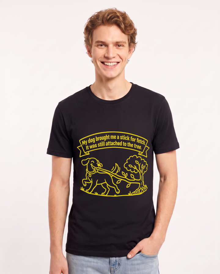 My dog brought me a stick for fetch. It was still attached to the tree. Men's Black T-Shirt product image 2