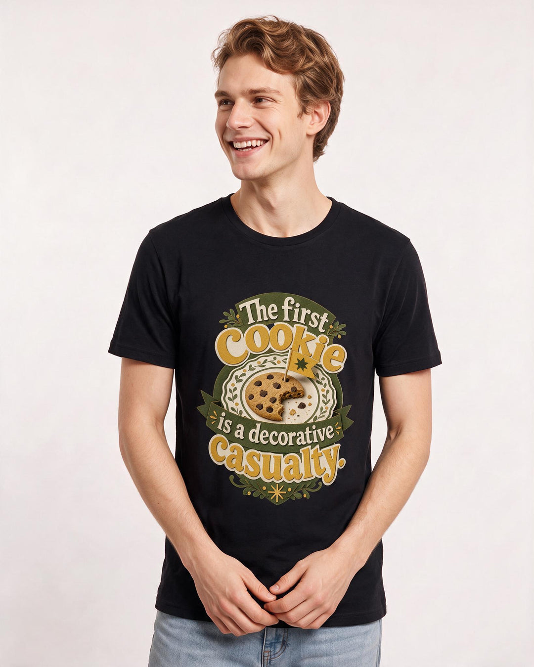 Funny Christmas Men's Black T-Shirt – The first cookie is a decorative casualty. product image 3