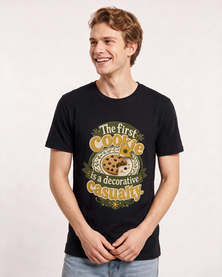 Funny Christmas Men's Black T-Shirt – The first cookie is a decorative casualty. product image 3