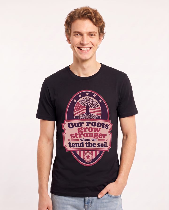 Graphic Men's Black T-Shirt - Our roots grow stronger when we tend the product image 1