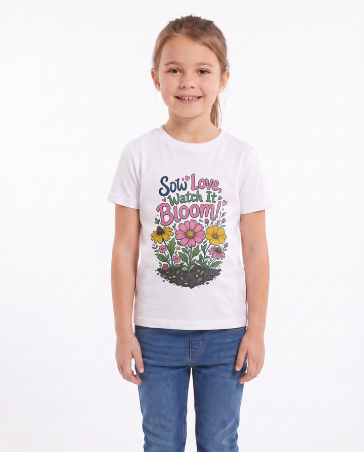 Sow Love, Watch It Bloom! White T-Shirt mockup 1