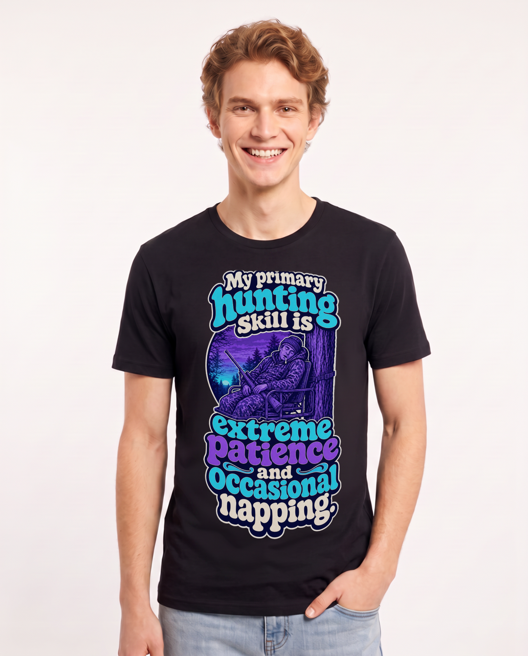 Hunting Men's Black T-Shirt – My primary hunting skill is extreme patience and occasional napping product image 1